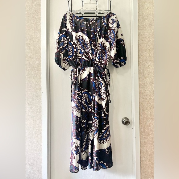H&M Navy and White Floral Puff Sleeves with Draw String Cinched Waist Maxi Dress - Picture 7 of 11
